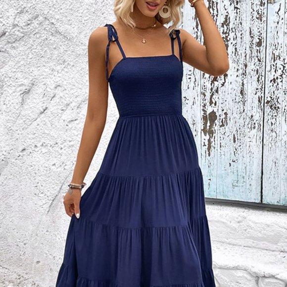 Tie-Shoulder Tiered Midi Dress - Picture 1 of 7